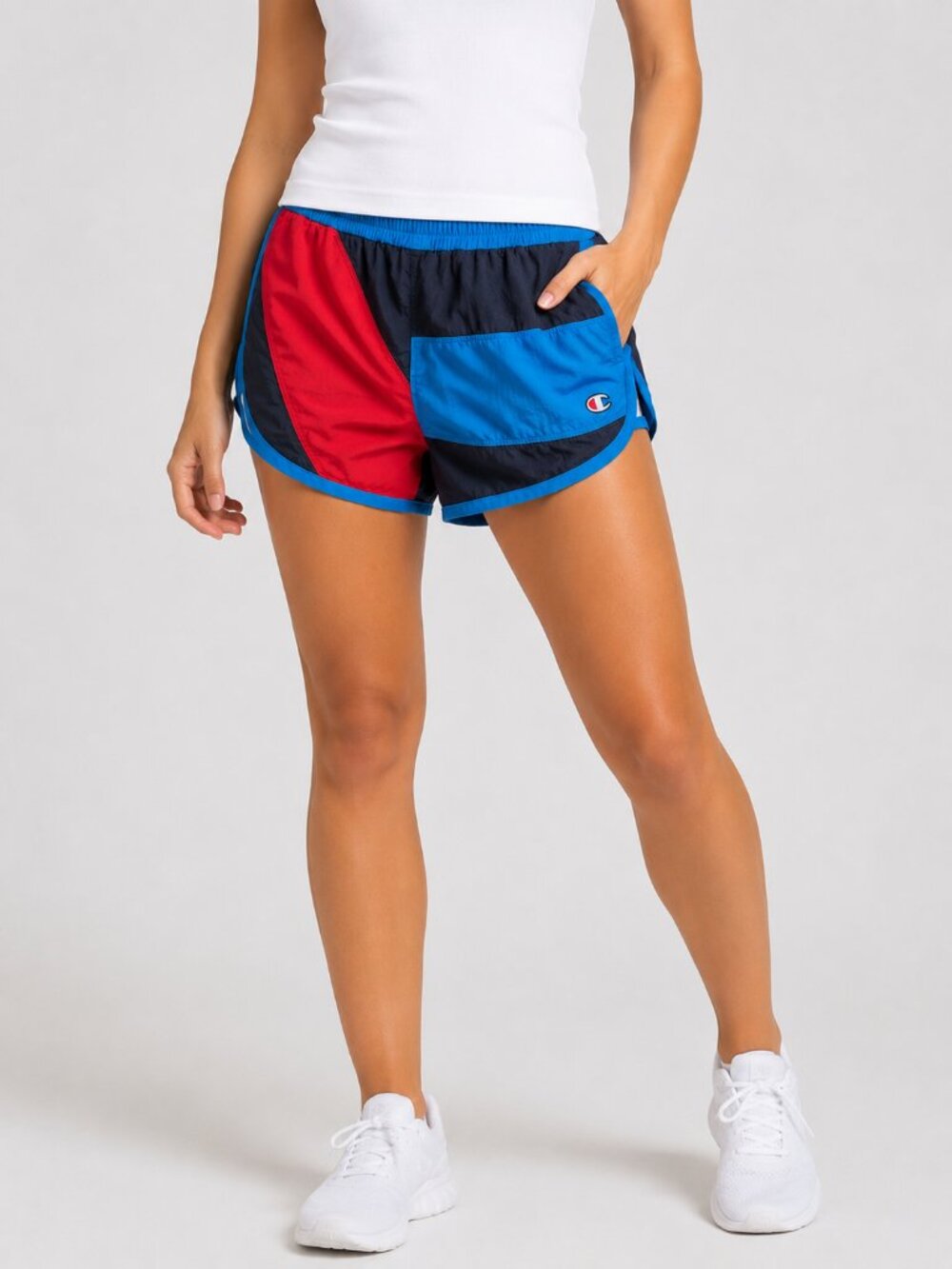 Champion Colorblock Athletic Running Shorts Blue Red Women's Medium Pockets - Picture 2 of 9